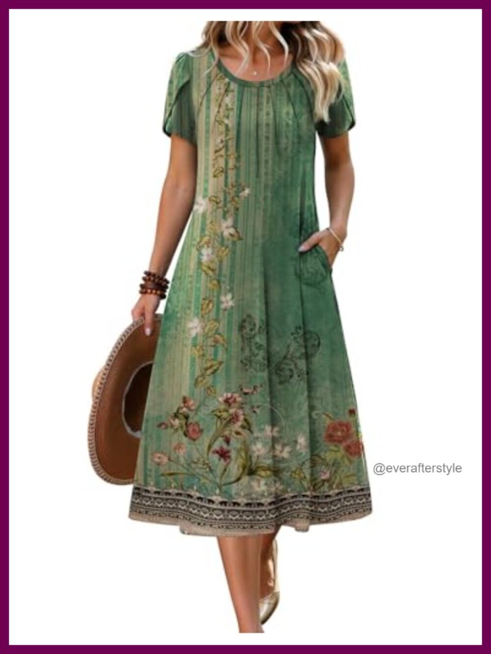 Pleated Midi A-Line Dress Petal Short Sleeve Flowy Casual Sundress